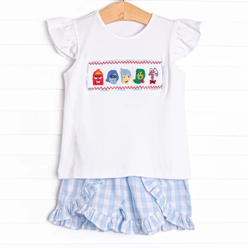 Baby Girls Clothes Flutter Sleeves Cartoon Dolls Top Blue Plaid Ruffle Short Set Preorder GSSO2593 4.11