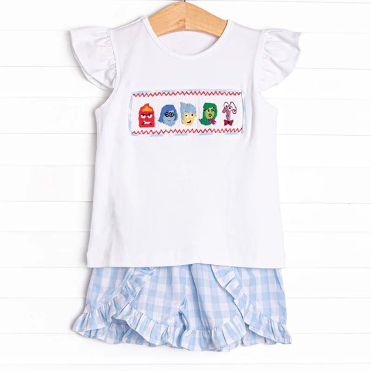 Baby Girls Clothes Flutter Sleeves Cartoon Dolls Top Blue Plaid Ruffle Short Set Preorder GSSO2593 4.11