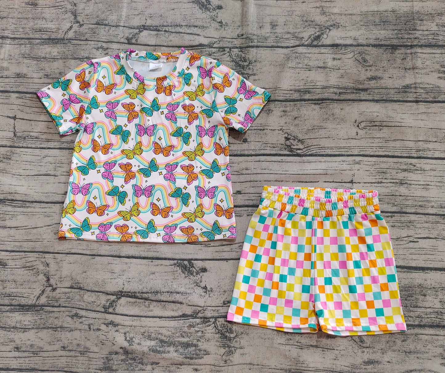 Baby Girls Clothes Short Sleeves Butterfly Rainbows Top Colorful Plaid Short Pajamas Set Preorder GSSO2615 5.7