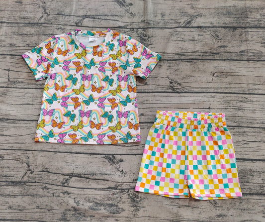 Baby Girls Clothes Short Sleeves Butterfly Rainbows Top Colorful Plaid Short Pajamas Set Preorder GSSO2615 5.7