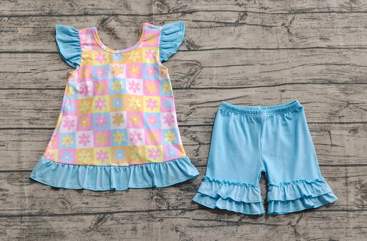 Baby Girls Clothes Blue Flutter Sleeves Flowers Plaid Tunic Ruffle Shorts Set Preorder GSSO2623 5.2