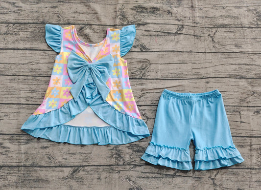 Baby Girls Clothes Blue Flutter Sleeves Flowers Plaid Tunic Ruffle Shorts Set Preorder GSSO2623 5.2