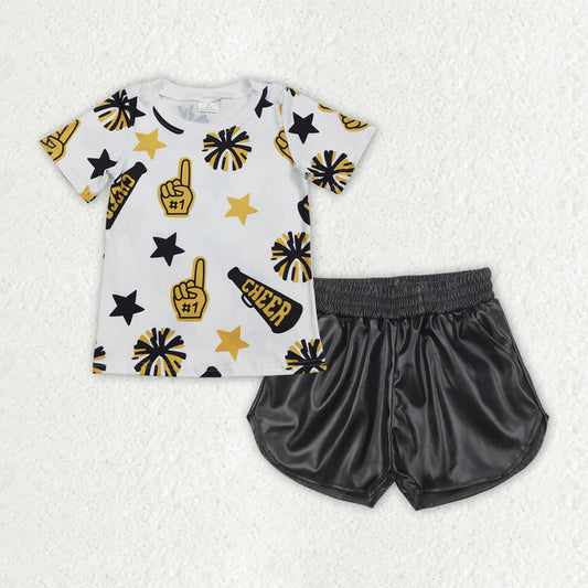 Baby Girls Clothes Cheer Yellow Team Tops Black Leather Shorts Clothes Sets GSSO2685 7.31