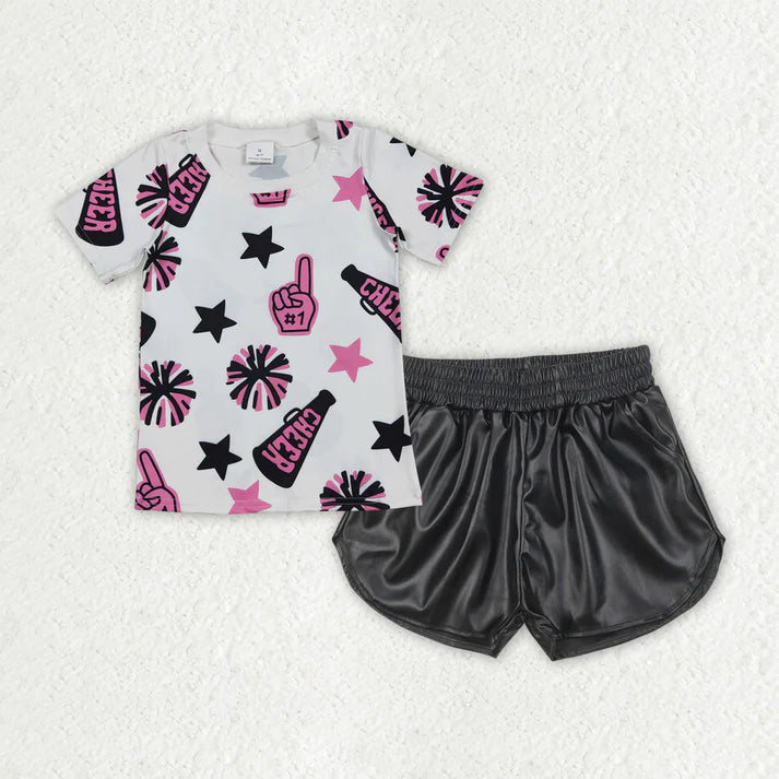 Baby Girls Clothes Cheer Purple Team Tops Black Leather Shorts Clothes Sets GSSO2686 7.31
