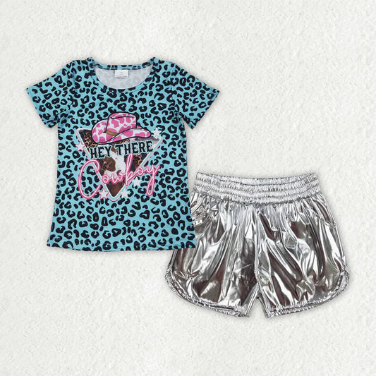 Baby Girls Clothes Blue Leopard Cowboy Tops White Leather Shorts Clothes Sets GSSO2693 7.31