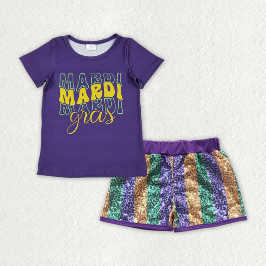 Baby Girls Purple Shorts Top Stripe Sequin Shorts Mardigras Clothes Sets GSSO2713 11.5