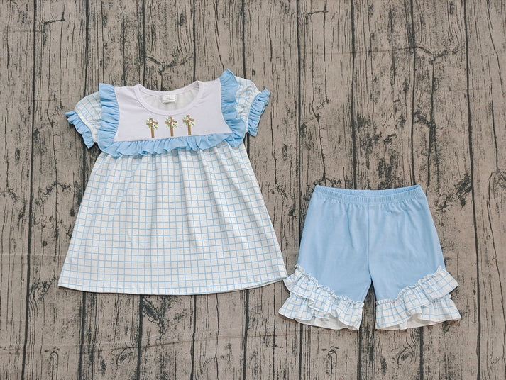 Embroidery Crosses Baby Girls Blue Checked Tunic Ruffle Shorts Easter Clothes Sets Preorder 10.27