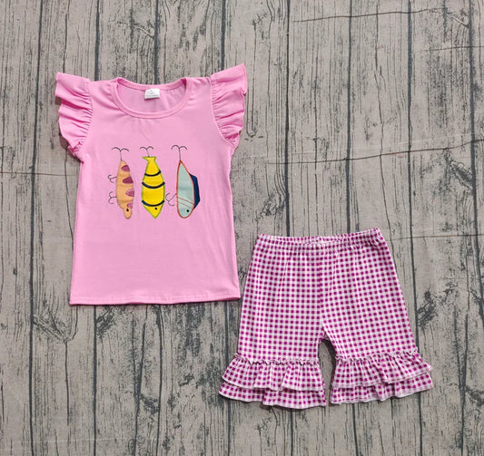 Embroidery Baby Girls Pink Fishing Top Checked Ruffle Shorts Clothes Sets Preorder GSSO2795 11.15