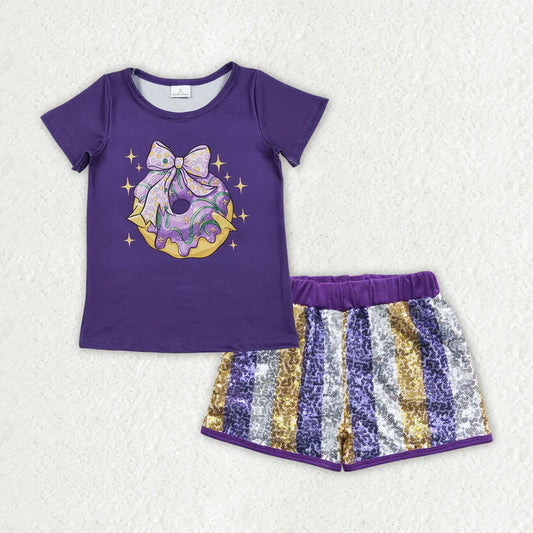 Baby Girls Purple Bows Donuts Top Stripe Sequin Shorts Mardigras Clothes Sets GSSO2804 11.5
