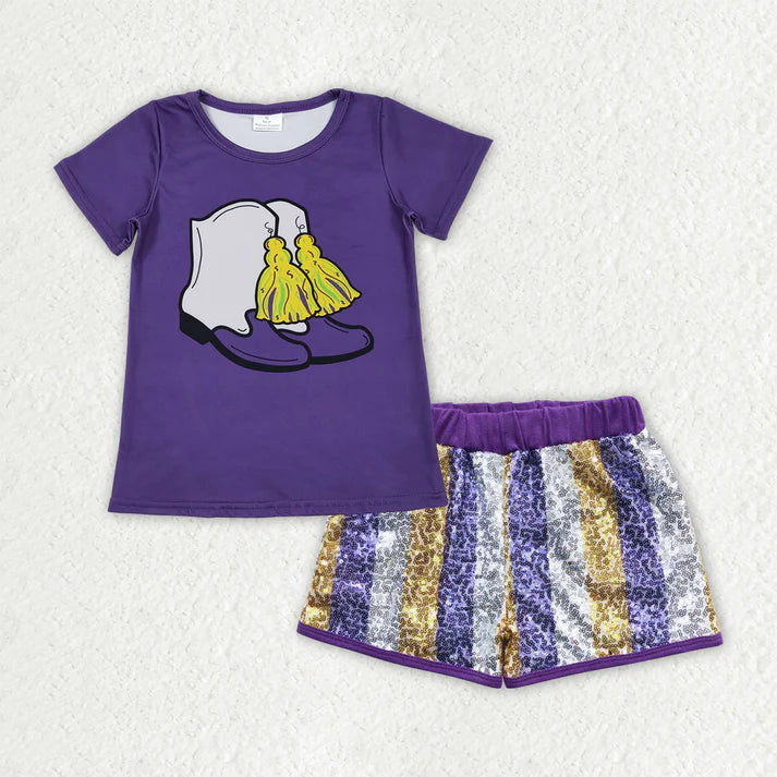 Baby Girls Purple Boots Tassel Top Stripe Sequin Shorts Mardigras Clothes Sets GSSO2806 11.5
