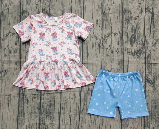 Baby Girls Bows Boots Stars Tunic Shorts Western July 4th Clothes Sets Preorder GSSO2837 11.15