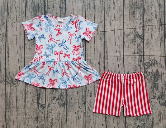 Baby Girls Red Blue Bows Tunic Stripe Shorts July 4th Clothes Sets Preorder GSSO2838 11.15