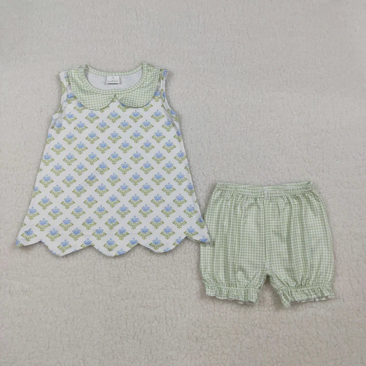 Sibling Baby Girls Flowers Checked Collar Scallop Tunic Ruffle Short Clothes Set Rompers