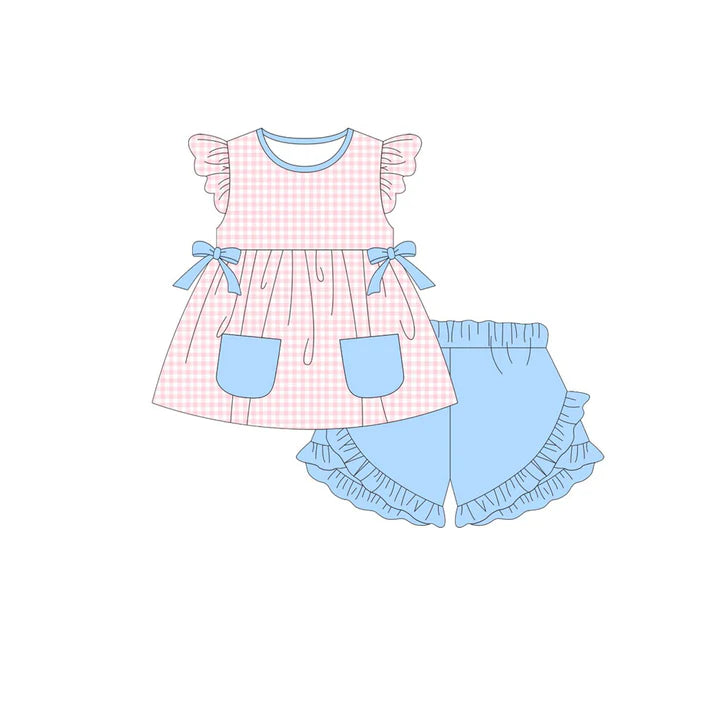 Baby Girls Pink Checked Pockets Bows Tunic Ruffle Shorts Clothes Sets Preorder 11.20