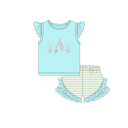 Baby Girls Flutter Sleeve Fishing Top Ruffle Shorts Hunting Clothes Sets Preorder 11.20