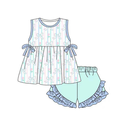 Baby Girls Bows Flowers Stripe Tunic Ruffle Shorts Clothes Sets Preorder 11.20