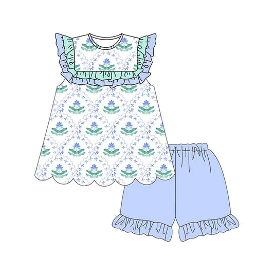 Baby Girls Bows Flowers Checked Tunic Ruffle Shorts Clothes Sets Preorder 11.20