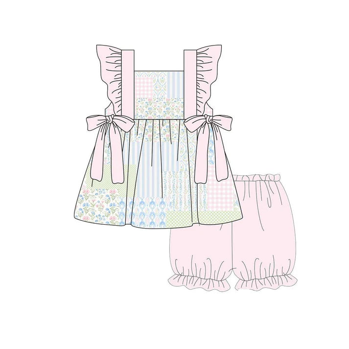 Baby Girls Bows Flowers Checked Tunic Ruffle Shorts Clothes Sets Preorder 11.20