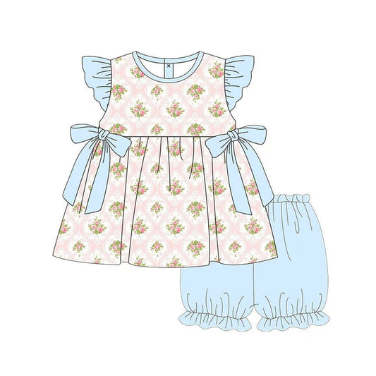 Baby Girls Bows Flowers Checked Tunic Ruffle Shorts Clothes Sets Preorder 11.20