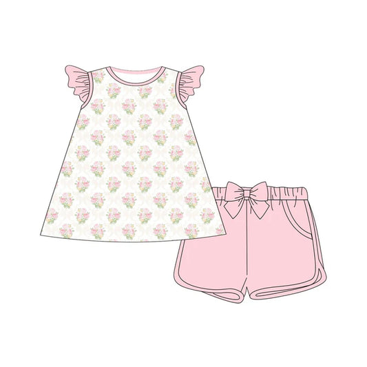 Baby Girls Flowers Checked Tunic Pockets Shorts Clothes Sets Preorder 11.20