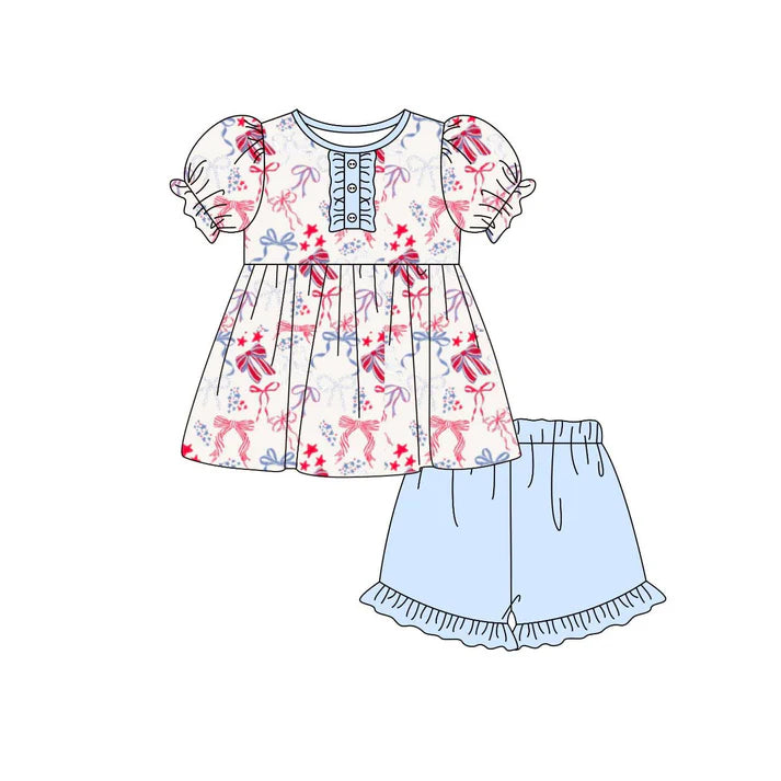Baby Girls Flags Bows Stars Tunic Ruffle Shorts 4th of July Clothes Sets Preorder 11.20