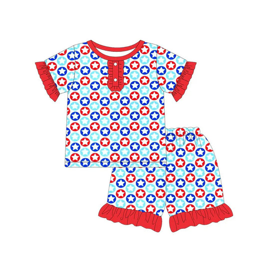 Baby Girls Red Blue Stars Button Top Ruffle Shorts 4th of July Pajamas Sets Preorder 11.20