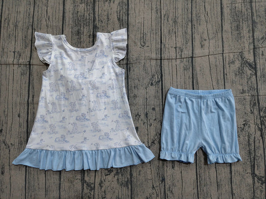 Baby Girls Flutter Sleeve Dogs Butterfly Tunic Ruffle Short Clothes Sets Preorder GSSO3061
