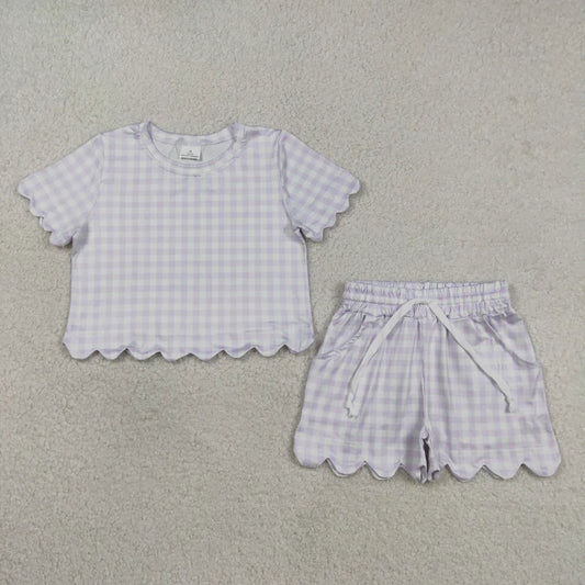 Sibling Baby Girls Colorful Checked Scallop Shirts Top Pockets Short Pajamas Clothes Sets