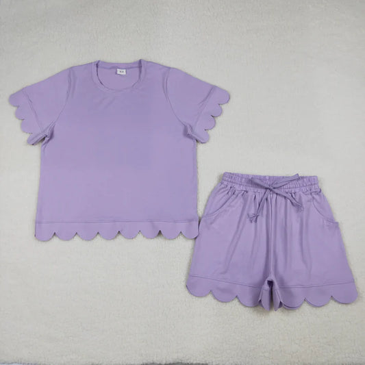 Sibling Adult Women Clothes Short Sleeve Shirts Top Pockets Short Scallop Clothes Sets