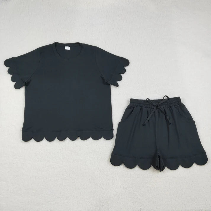 Sibling Adult Women Clothes Short Sleeve Shirts Top Pockets Short Scallop Clothes Sets