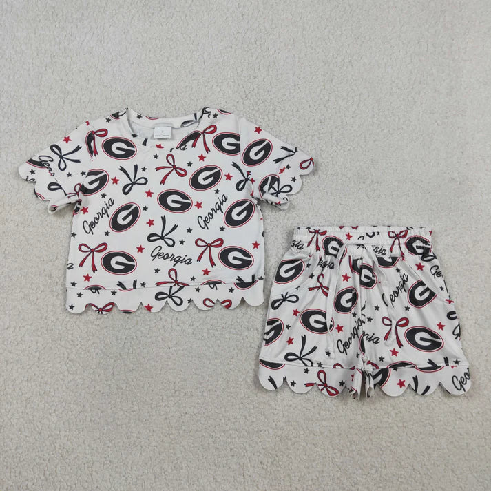 Sibling Baby Girls Bows Team Top Pockets Short Scallop Clothes Sets