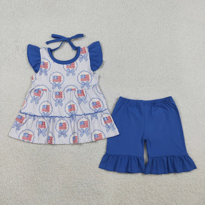 Sibling Baby Girls Flags Bows Tunic Ruffle Short 4th of July Clothes Set Rompers