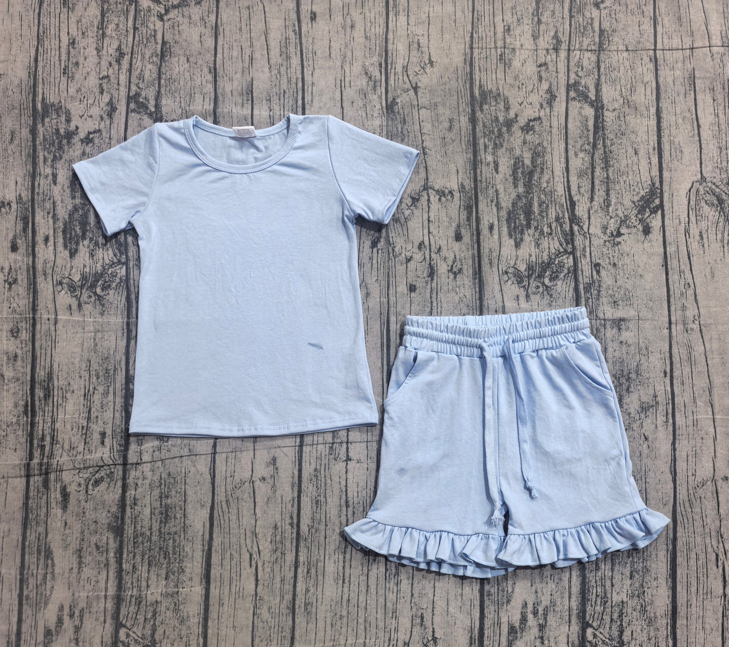 Baby Girls Short Sleeve Blue Shirt Top Ruffle Short Clothes Set Preorder GSSO3349