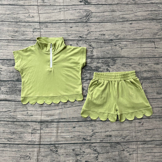 Baby Girls Green Zipper Scallop Pullover Top Pockets Short Checked Set Preorder