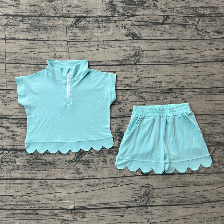 Baby Girls Blue Zipper Scallop Pullover Top Pockets Short Checked Set Preorder GSSO3376