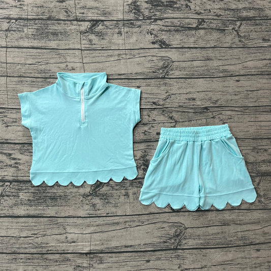Baby Girls Blue Zipper Scallop Pullover Top Pockets Short Checked Set Preorder GSSO3376