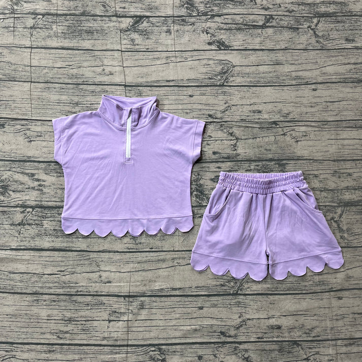 Baby Girls Lavender Zipper Scallop Pullover Top Pockets Short Checked Set Preorder GSSO3377