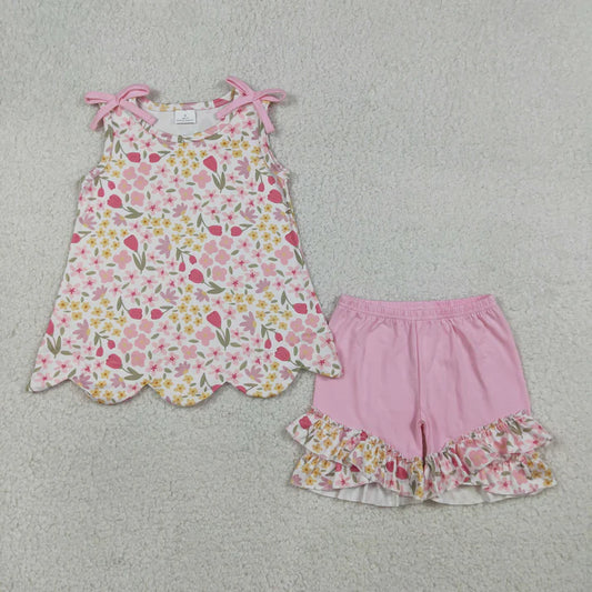 Sibling Baby Girls Colorful Flowers Scallop Tunic Ruffle Short Clothes Sets