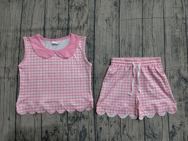 Baby Girls Sleeveless Pink Checked Collar Top Scallop Shorts Clothes Set Preorder GSSO3394