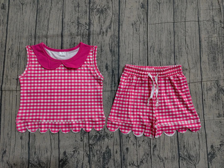 Baby Girls Sleeveless Hot Pink Checked Collar Top Scallop Shorts Clothes Set Preorder GSSO3395