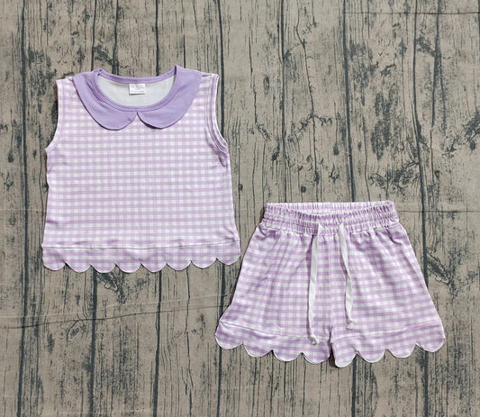 Baby Girls Sleeveless Lavender Checked Collar Top Scallop Shorts Clothes Set Preorder GSSO3396