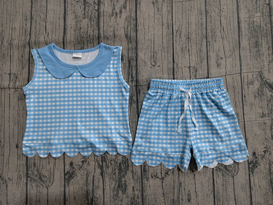 Baby Girls Sleeveless Blue Checked Collar Top Scallop Shorts Clothes Set Preorder GSSO3397