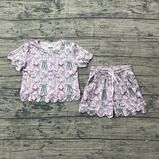 Baby Girls Pink Green Bows Plaid Top Scallop Shorts Clothes Set Preorder GSSO3409