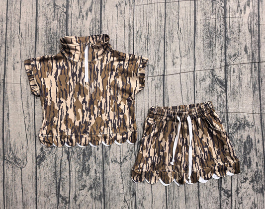 Baby Girls Southern Olive Camo Zipper Top Scallop Short Clothes Sets Preorder GSSO3563