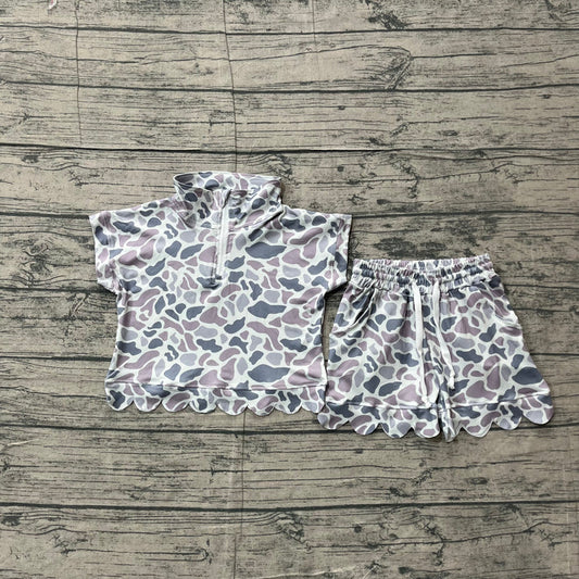Baby Girls Southern Light Grey Camo Zipper Top Scallop Short Clothes Sets Preorder GSSO3564