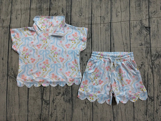 Baby Girls Bows Flowers Zipper Top Scallop Short Clothes Sets Preorder GSSO3575
