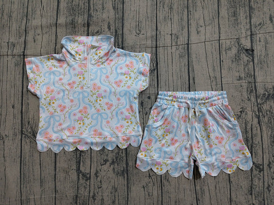 Baby Girls Bows Flowers Zipper Top Scallop Short Clothes Sets Preorder GSSO3575