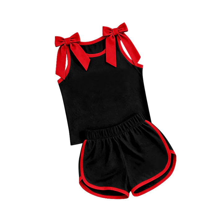 Baby Girls Black Red Bows Sleeveless Top Short Clothes Sets GSSO3827