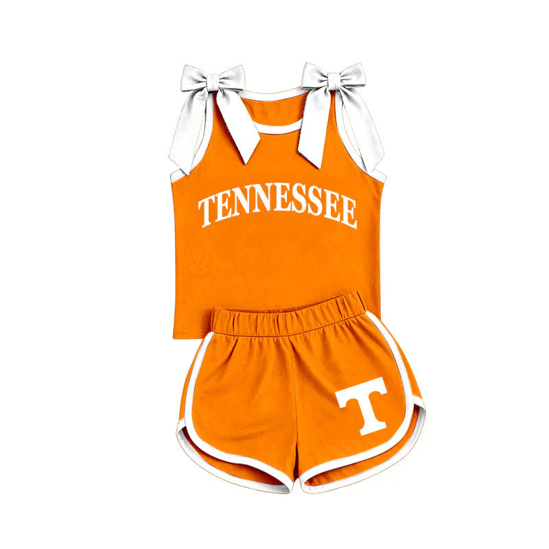 Preorder Baby Girls Orange White Bows Sleeveless Top Short T Team Clothes Sets GSSO3829