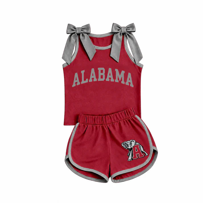 Preorder Baby Girls Red Grey Bows Sleeveless Top Short Alabama Team Clothes Sets GSSO3831